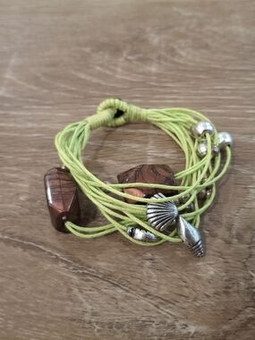 Boho Multi-Strand Cord Shell & Wooden Bead Charm Bracelet